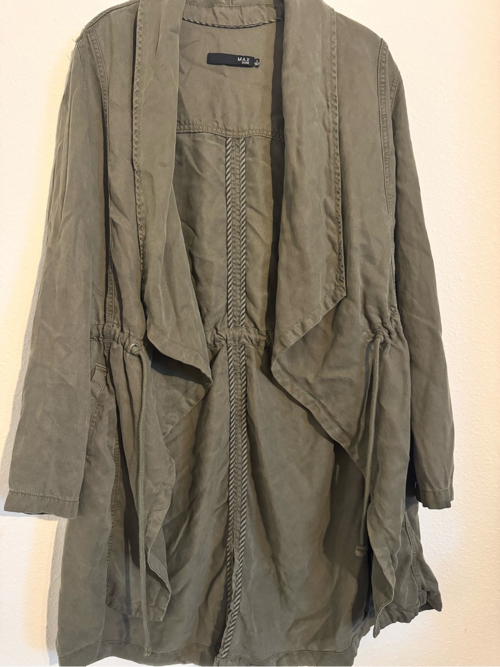BCBG MAX S Moss Green Draped Open-Front Utility Jacket